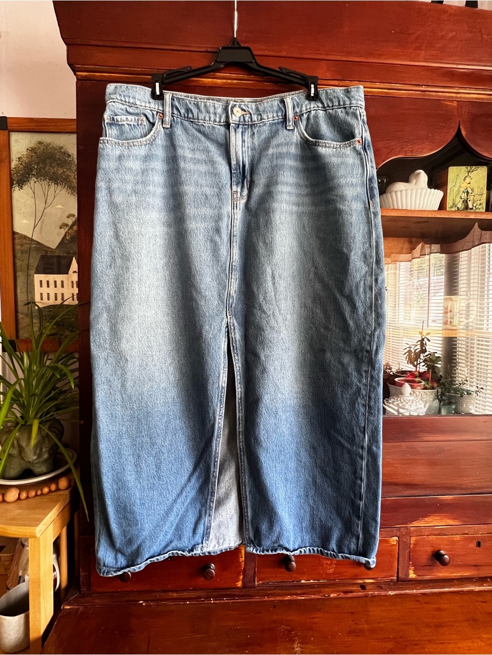 Old Navy Blue Denim Midi Skirt with Front Slit